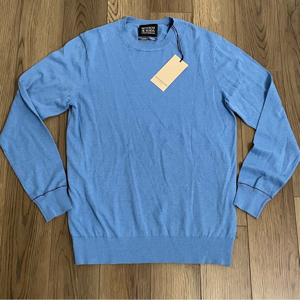 NEW Scotch & Soda Linen-Blend Regular Fit Crewneck Pullover in‎ Lake Blue - Picture 3 of 14